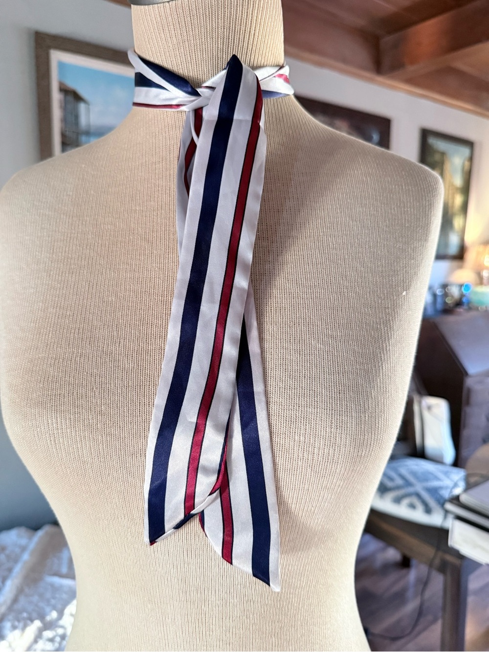 Striped Silk Neck Scarf in White, Navy & Red